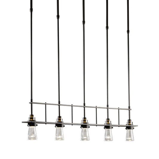 Five handcrafted glass pendants on a sleek black metal frame with vertical rods from the Hubbardton Forge Erlenmeyer collection.