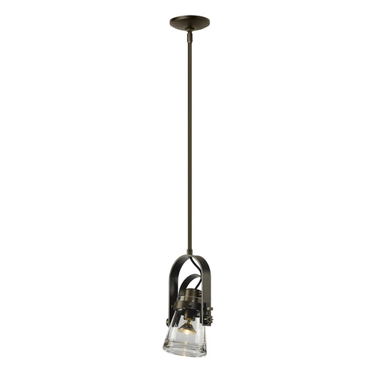 Erlenmeyer Large Mini Pendant light with industrial dark metal fixture and clear glass shade, handcrafted by Hubbardton Forge.