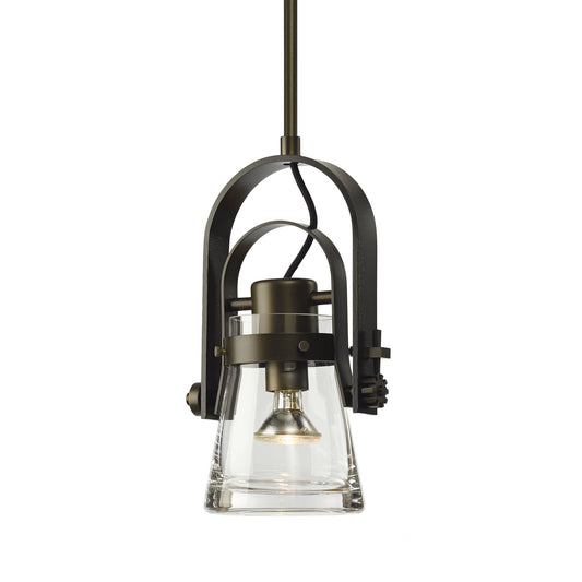 Erlenmeyer Large Mini Pendant light with hand-forged steel frame and clear glass shade, showcasing industrial-inspired American craftsmanship.