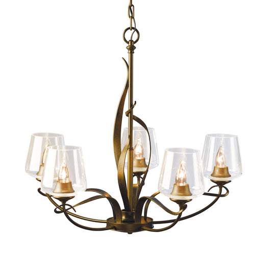 Flora 5-Arm Chandelier by Hubbardton Forge featuring graceful curves and five candle-shaped bulbs encased in elegant clear glass shades.