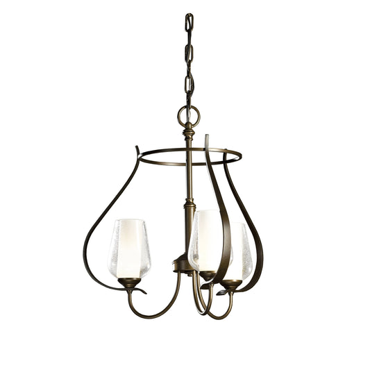 Hubbardton Forge Flora Chandelier, Vermont-made, bronze frame, frosted glass shades, elegant design.