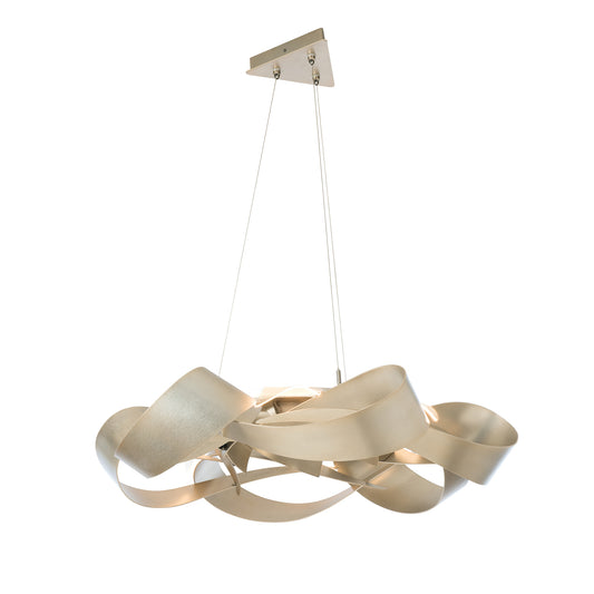 Modern Flux Large Pendant by Hubbardton Forge showcasing a sleek gold ribbon design with concealed lighting, suspended elegantly with two cables.