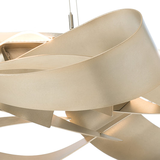Flux Large Pendant by Hubbardton Forge featuring intertwined beige metallic bands suspended gracefully from thin cables.