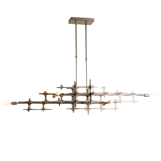 Modern Grid Pendant chandelier by Hubbardton Forge with industrial style, featuring three bulbs and geometric metal rod design.