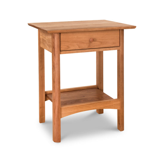 Heartwood Shaker nightstand by Vermont Furniture Designs, featuring a solid wood construction with a drawer and open shelf, finished with an eco-friendly coating.