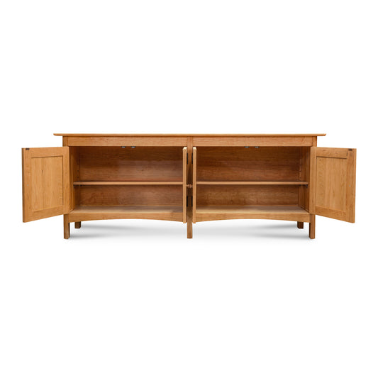Heartwood Shaker 4-Door Console by Vermont Furniture Designs, handcrafted wood with eco-friendly oil finish, features detailed craftsmanship and functional inner shelves.