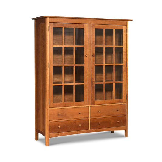 Heartwood Shaker China Cabinet–Bookcase with glass doors and four drawers, expertly handcrafted from solid hardwoods by Vermont Furniture Designs.