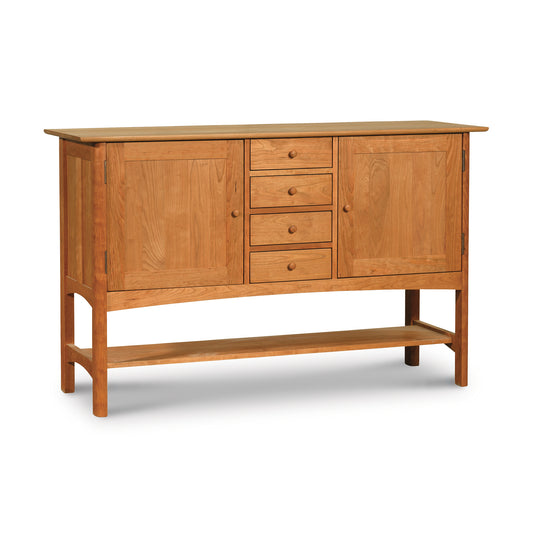 Heartwood Shaker Huntboard sideboard with two cabinets, four drawers, and an open shelf crafted by Vermont Furniture Designs.