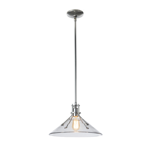 Industrial-style Hubbardton Forge Henry Pendant with transparent conical glass shade and visible filament bulb.