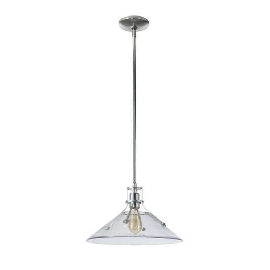 Hubbardton Forge Henry Medium Pendant with clear glass cone shade and modern industrial steel details.