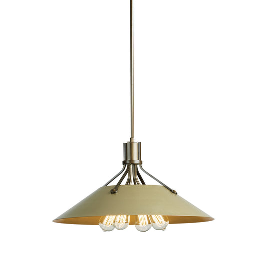 Industrial Henry Pendant by Hubbardton Forge featuring a wide metal shade and exposed bulbs, emphasizing craftsmanship and design.
