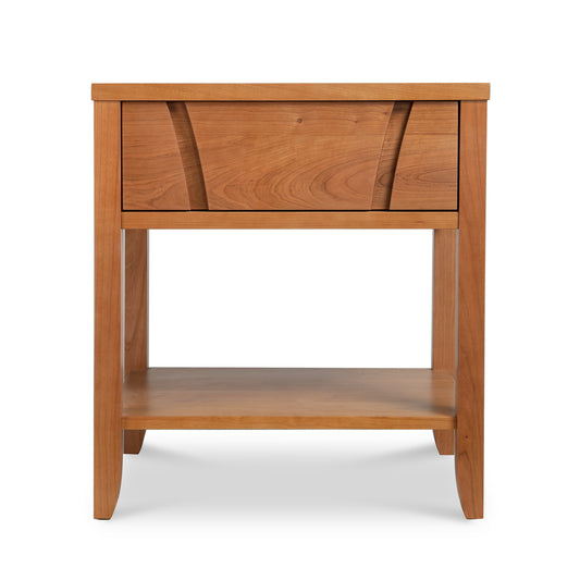 Lyndon Furniture Holland nightstand in sustainable hardwood with modern design, single drawer, and open shelf for storage.