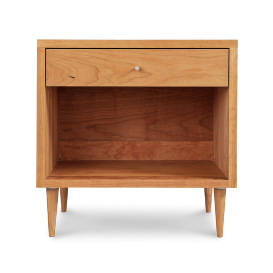 Larssen 1-Drawer Wide Nightstand by Vermont Furniture Designs showcasing Mid-century Modern style with tapered legs, narrow drawer, and open shelf.