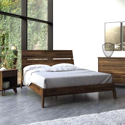 Wooden bed with two pillows, accompanied by a matching bedside table and dresser.