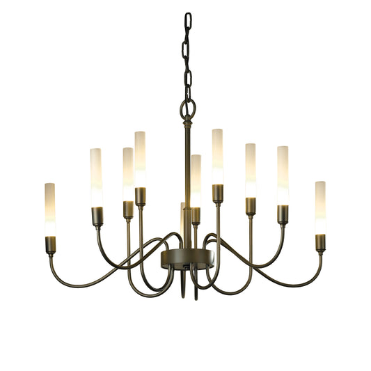 Elegant Lisse 10-Arm Chandelier by Hubbardton Forge showcases ten upward lights, graceful curved arms, and a sophisticated bronze finish.