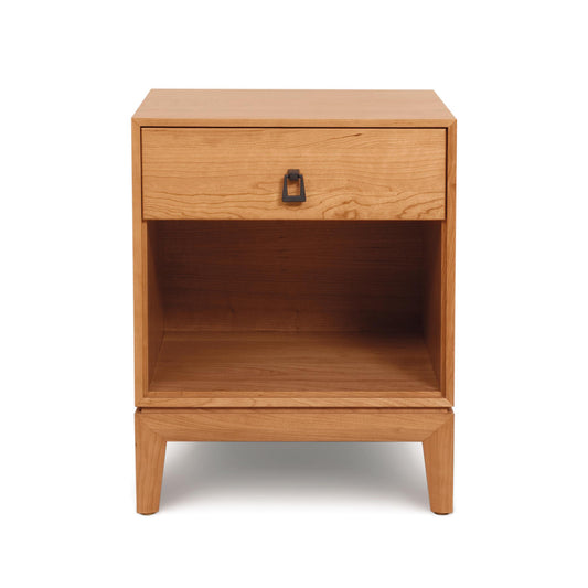 Copeland Furniture Mansfield Nightstand with organic wood, metal handle drawer, open shelf, and four sturdy legs.