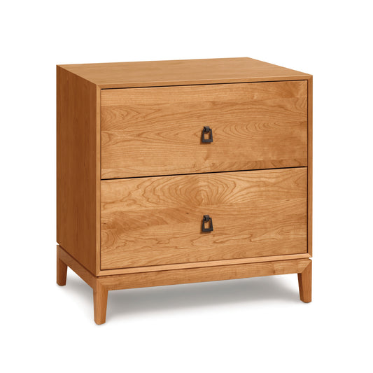 Mansfield 2-Drawer Nightstand by Copeland Furniture, featuring a light brown wooden finish with metal handles and a classic Arts & Crafts design.