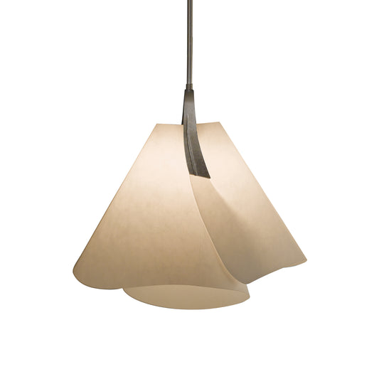 Beige sculptural shade of the Hubbardton Forge Mobius Small Pendant, elegantly suspended from a black cord.