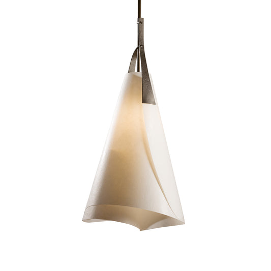 Hubbardton Forge Mobius Tall Pendant featuring a handcrafted white conical shade and sleek black cord, made in Vermont.