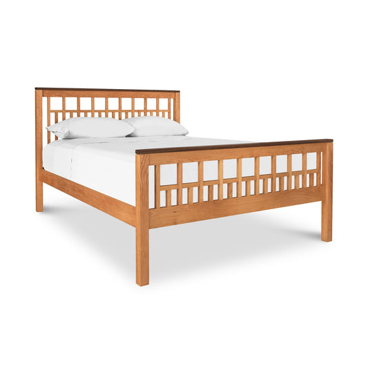 Hardwood Modern American Trellis Bed with slatted headboard and eco finish by Vermont Furniture Designs, featuring a white mattress and two white pillows.