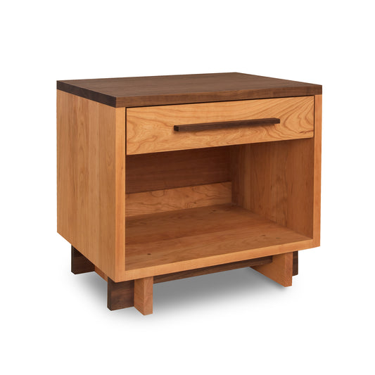 Modern American 1-Drawer Nightstand, solid wood with dark top and enclosed shelf, featuring a horizontal handle. Handmade by Vermont Furniture Designs.