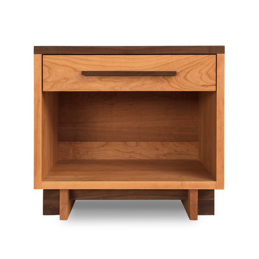 Modern American 1-Drawer Enclosed Shelf Nightstand in light and dark solid wood by Vermont Furniture Designs.