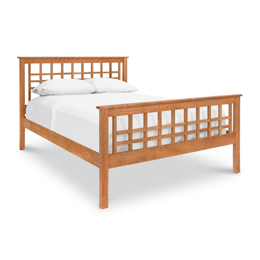 Modern Craftsman High Footboard Bed with grid headboard by Vermont Furniture Designs, featuring white bedding.