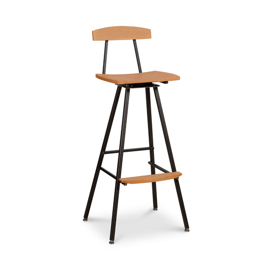 Modern Industrial Stool with Back by Vermont Woods Studios, showcasing a wood seat, backrest, footrest, and sleek black metal frame.
