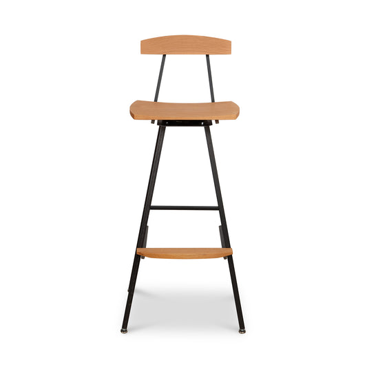 Modern Industrial Stool with Back by Vermont Woods Studios showcasing a curved wood seat and back, supported by a sturdy black metal frame and integrated footrest.