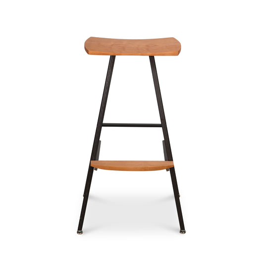 Modern Industrial Stool with a curved wooden seat, black metal legs, and integrated footrest, shown from the front.