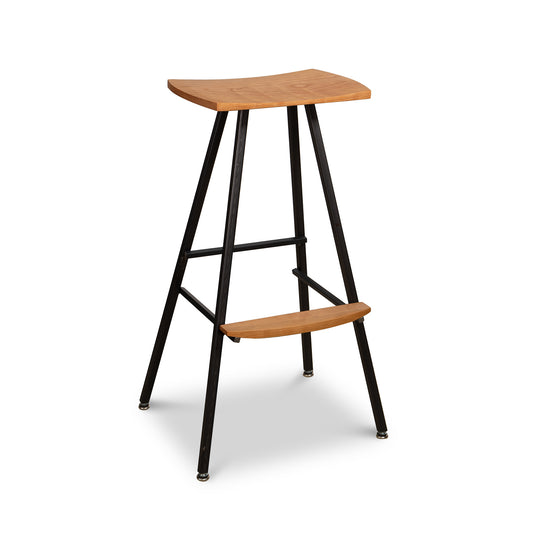 Modern Industrial Stool with a light brown wooden seat and black metal legs, crafted by Vermont Woods Studios, showcasing sleek industrial-inspired design.