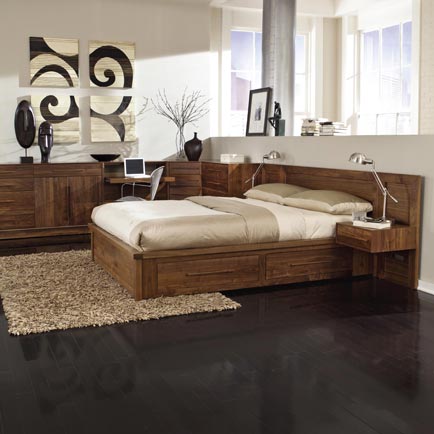Wooden bedroom furniture set featuring a modern bed, nightstands, and a dresser.