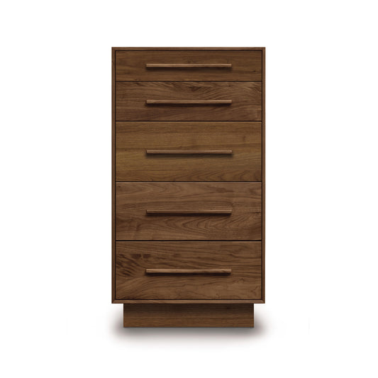 Copeland Furniture Moduluxe 5-Drawer Chest, solid wood with horizontal handles and rich brown wood grain finish.