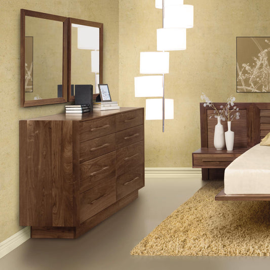 Copeland Moduluxe solid wood dresser with mirrors in a bedroom setting.