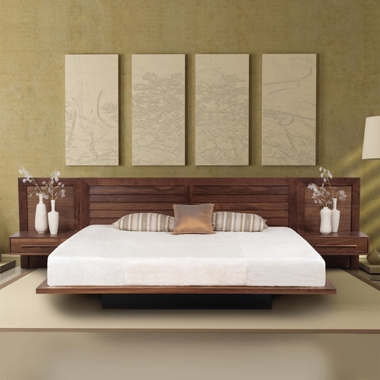 Copeland Furniture's Moduluxe Platform Bed with Clapboard Headboard in a modern design, showcasing elegant white bedding.