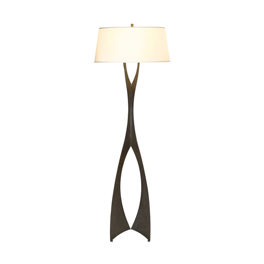 Moreau floor lamp by Hubbardton Forge with contemporary twisted metal base and round ivory lampshade.