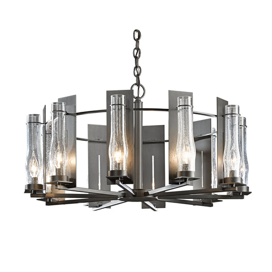 Handcrafted New Town 10-Arm Chandelier by Hubbardton Forge with a striking metal frame and elegant hurricane glass shades.