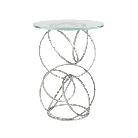 Olympus Glass Top Accent Table showcases a unique pedestal base with intricately intertwined overlapping circular designs by Hubbardton Forge.