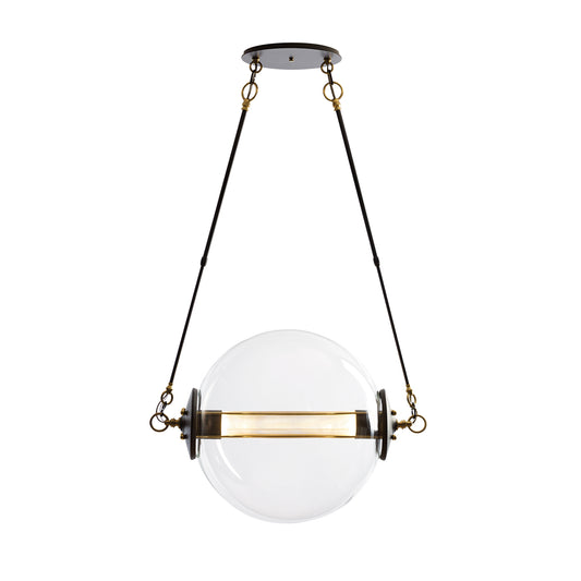 Otto Sphere Pendant by Hubbardton Forge, spherical glass light with gold accents and black cables, highlighting its elegant design.