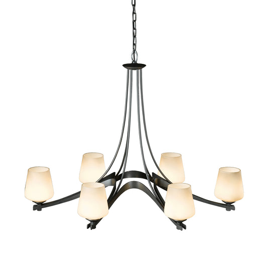 Hubbardton Forge Oval Ribbon 6-Arm Chandelier with metal frame and frosted glass lampshades, showcasing handcrafted elegance.