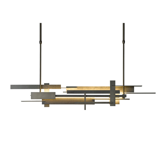 Hubbardton Forge Planar LED Pendant, a stunning modern chandelier with an abstract geometric design featuring handcrafted gold-toned metal bars.