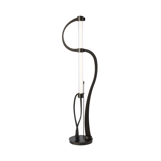 Hubbardton Forge Pulse Floor Lamp with a black curving base and dual vertical white LED tube lights.