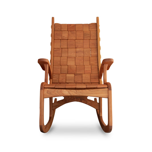 Quilted Vermont Cherry Rocking Chair by Vermont Folk Rocker with woven seat, eco-friendly design, curved armrests, and legs.