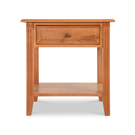 Renfrew Shaker Nightstand by Lyndon Furniture crafted from sustainable hardwood, with one drawer and an open shelf, showcasing classic American design.