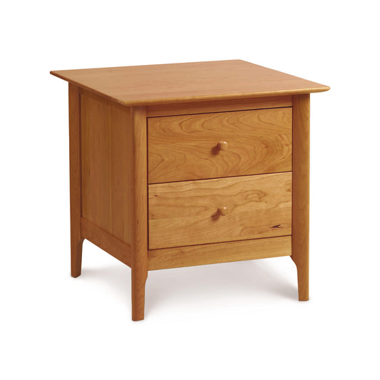 Sarah 2-Drawer Nightstand by Copeland Furniture, solid wood with light finish, eco-friendly design, featuring two drawers with round knobs.
