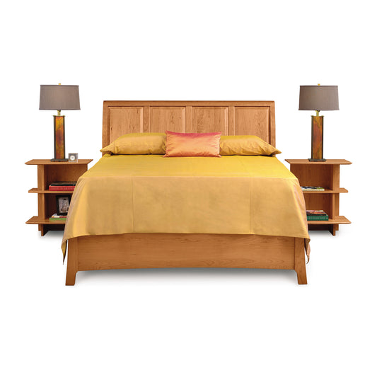 Copeland Furniture Sarah Sleigh Storage Bed with Shaker style and built-in under-bed storage drawers, shown with a simple yellow bedspread.