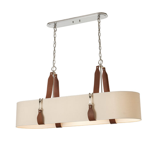 Hubbardton Forge Saratoga Oval Pendant with beige fabric shade, metal chains, leather straps, and silver ceiling mount.