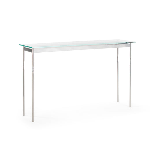 Hubbardton Forge Senza Console Table with tempered glass top and handcrafted steel legs.