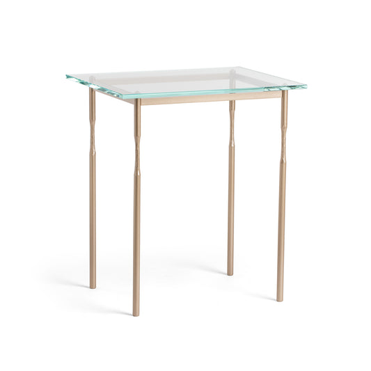 Hubbardton Forge Senza Side Table featuring a square glass top and slender bronze legs, perfect for a modern aesthetic.
