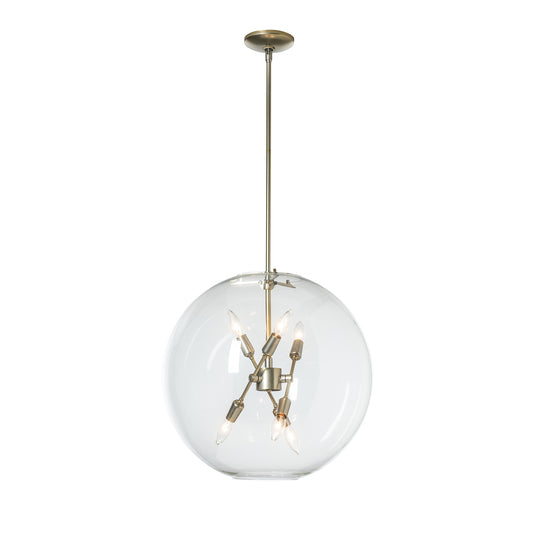 Sfera 6-Light Pendant by Hubbardton Forge, showcasing clear glass orb with angled bulbs and brass-finished metal rod.